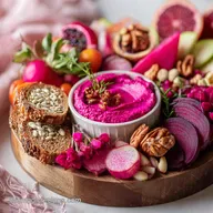 Pretty Pink Charcuterie Board for Galentines Party with Beet Hummus