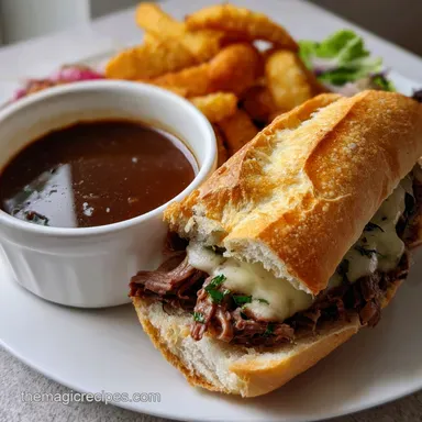French dip sandwich: Classic roast beef with rich au jus Recipe Card