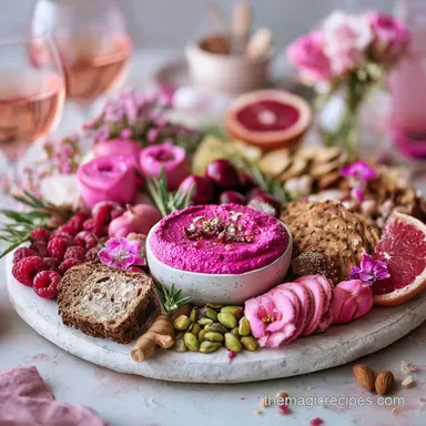 Pretty Pink Charcuterie Board for Galentines Party with Beet Hummus Recipe Card