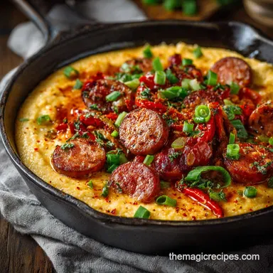 Andouille Sausage Recipes: Spicy Skillet Dinner with Creamy Grits Recipe Card