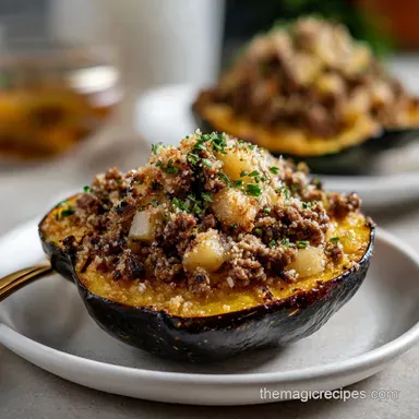 Stuffed Acorn Squash: Savory Beef, Pear Parmesan Recipe Card