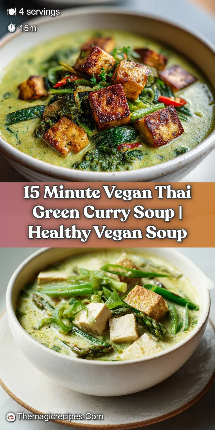 Close-up shot of creamy green curry soup showcasing tender tofu, bright vegetables, and glistening droplets of flavorful b...