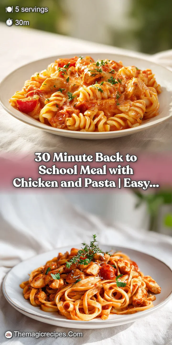 Close-up of tender chicken and bright pasta coated in a rich sauce, with visible flecks of seasoning.