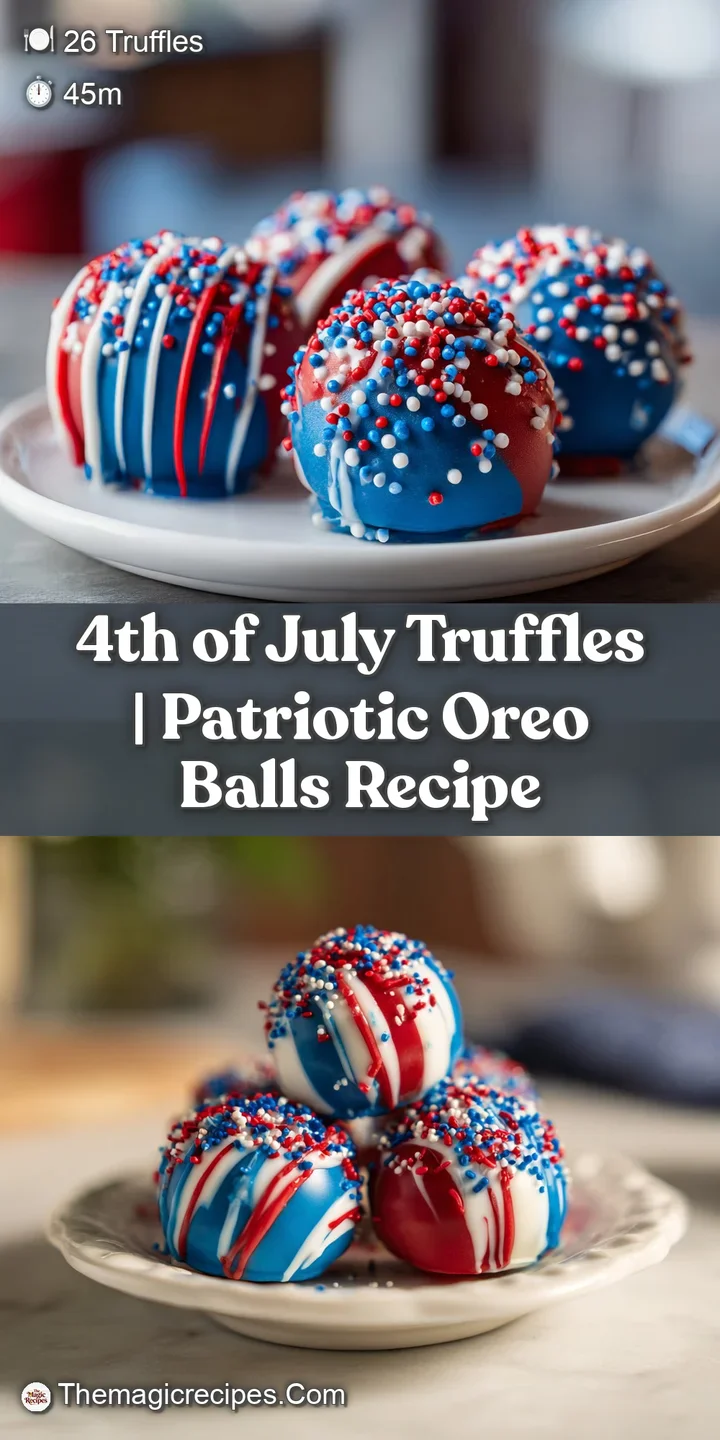Detailed shot of a smooth, rich chocolate truffle coated in bright red, white, and blue swirls, topped with tiny edible st...