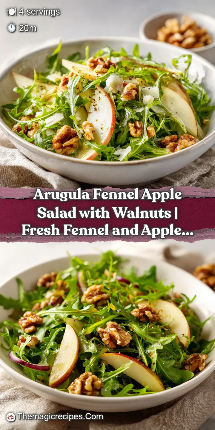 Close-up of fresh green arugula leaves and thinly sliced apple with a scattering of rustic, toasted walnuts.