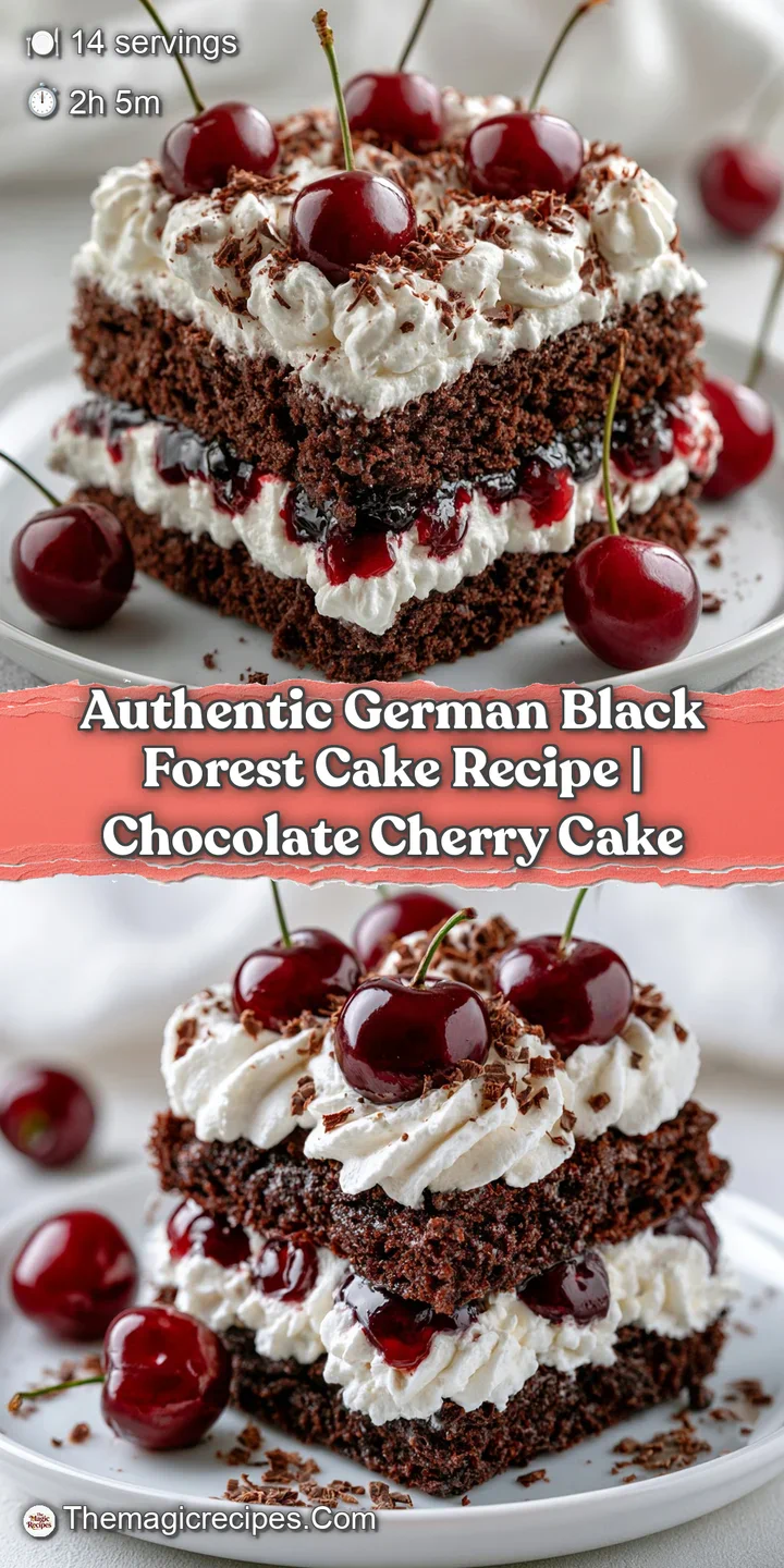 Macro shot of moist chocolate sponge layers filled with thick white cream and juicy, glistening cherries.