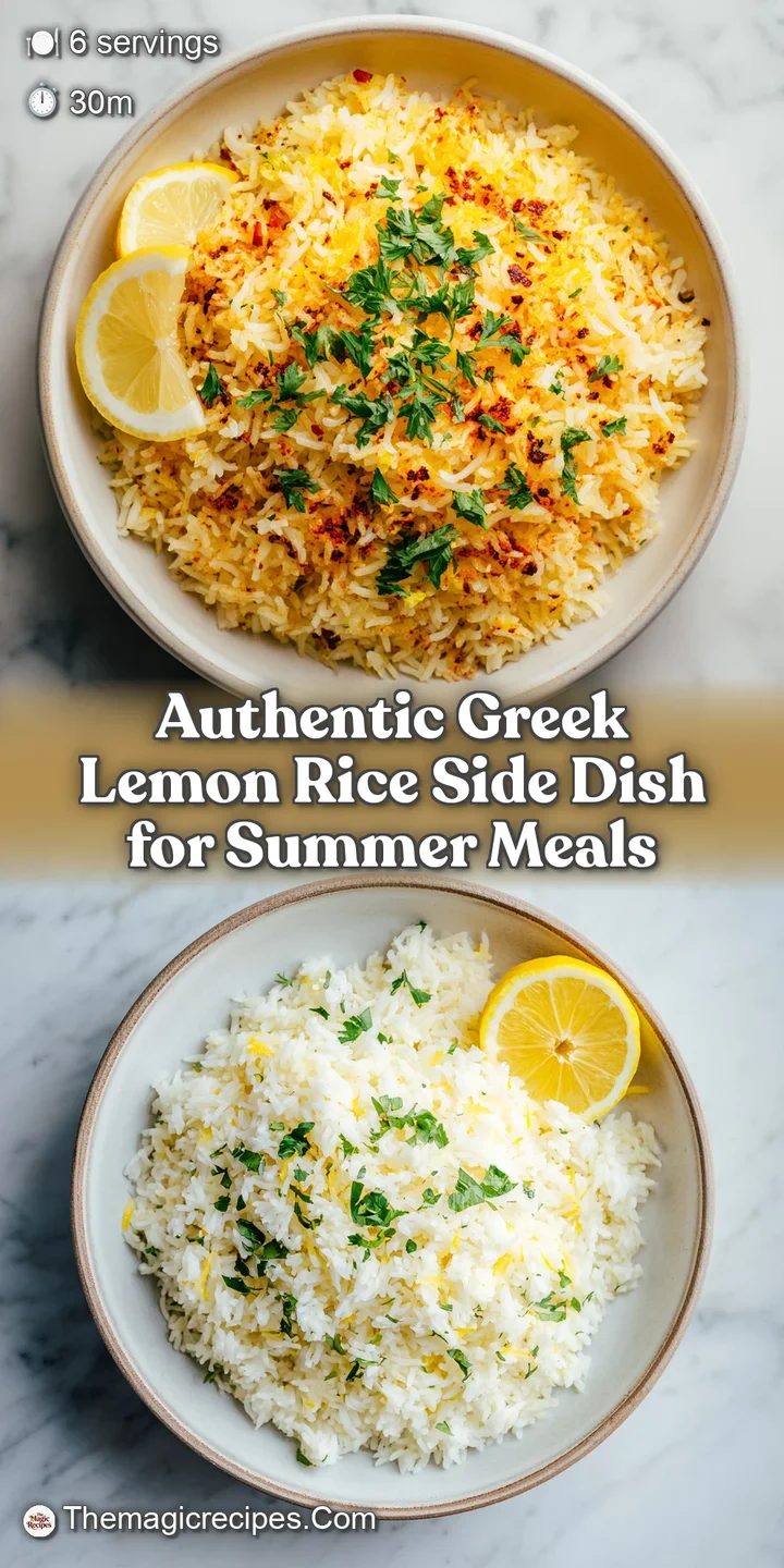 Close-up of lemon rice: individual grains glistening with broth, flecked with green herbs. Inviting warmth radiates from t...