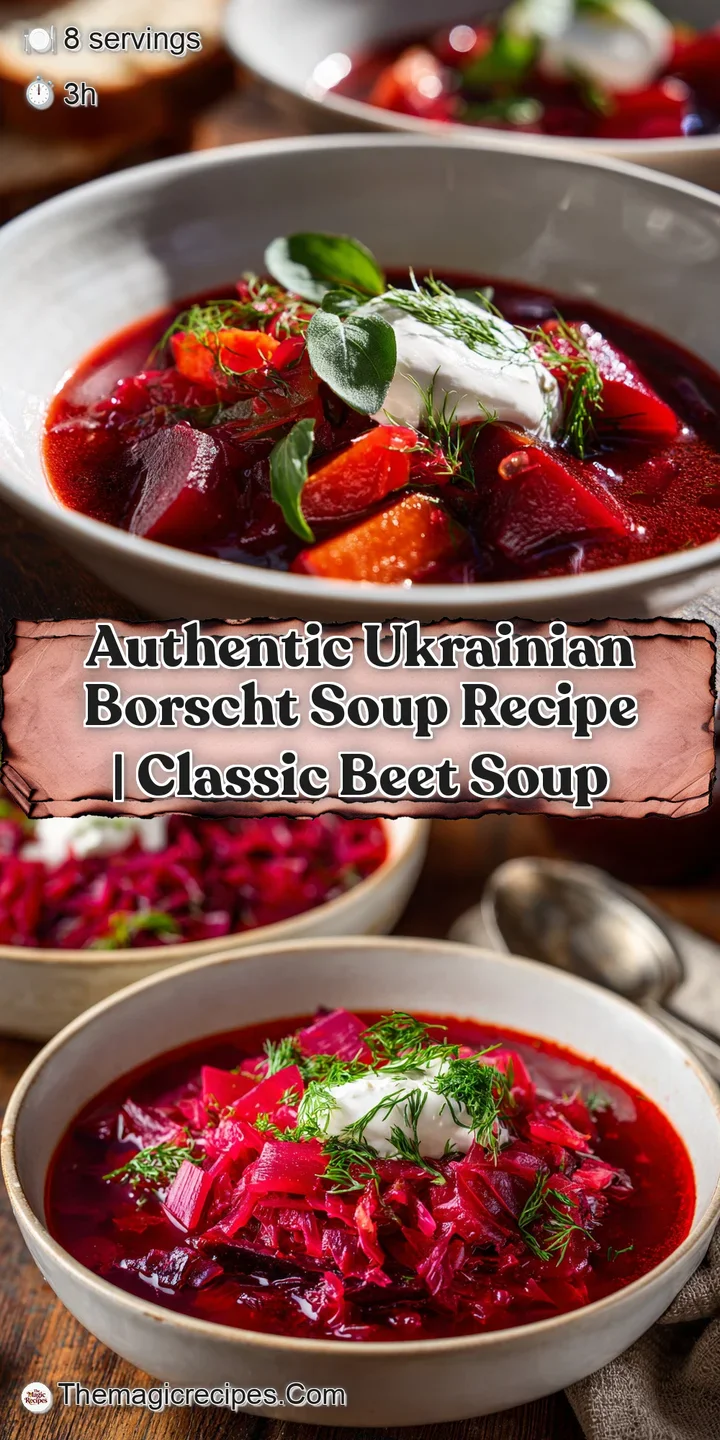Close-up of ruby-red borscht, revealing shreds of tender vegetables and a creamy white swirl.