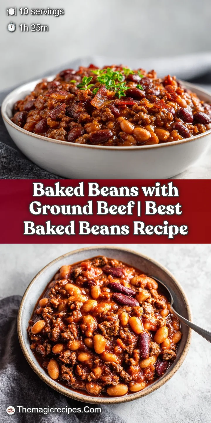 Close-up of succulent ground beef mixed into thick, smoky baked beans, glistening with sauce.