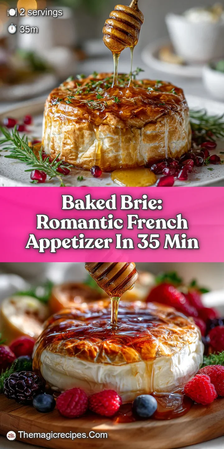 Close-up of warm baked brie, the rind cracked, cheese bubbling, and topped with golden honey and herbs.