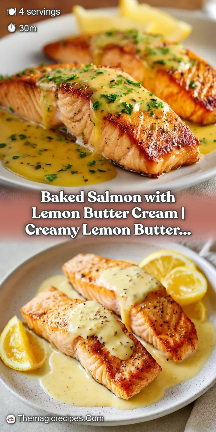 Close-up of tender, flaky salmon textures glistening under a rich, creamy lemon butter glaze and zesty lemon peel