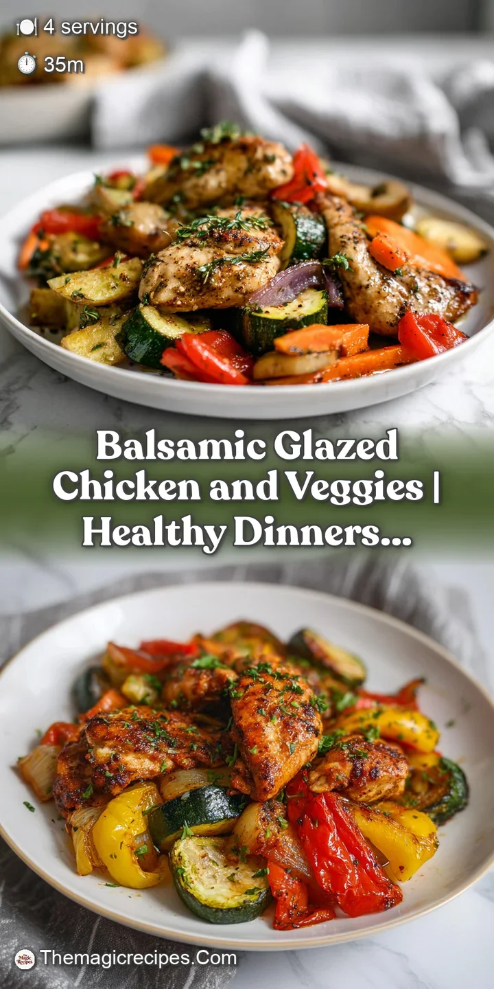 Close-up of tender, juicy chicken with a sticky, sweet balsamic glaze, nestled among caramelized roasted vegetables.