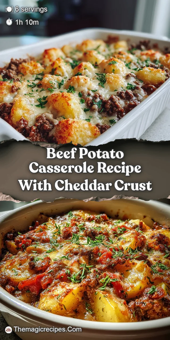Close-up of the casserole showing layers of tender beef and potatoes with a bubbling, browned cheese crust; a comforting, ...