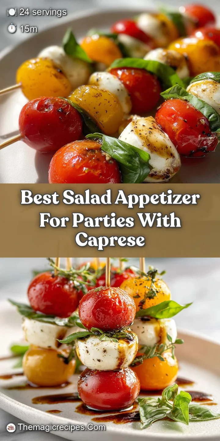 Close-up of a Caprese skewer: glistening mozzarella and tomato, bright basil, with syrupy balsamic creating a mouthwaterin...