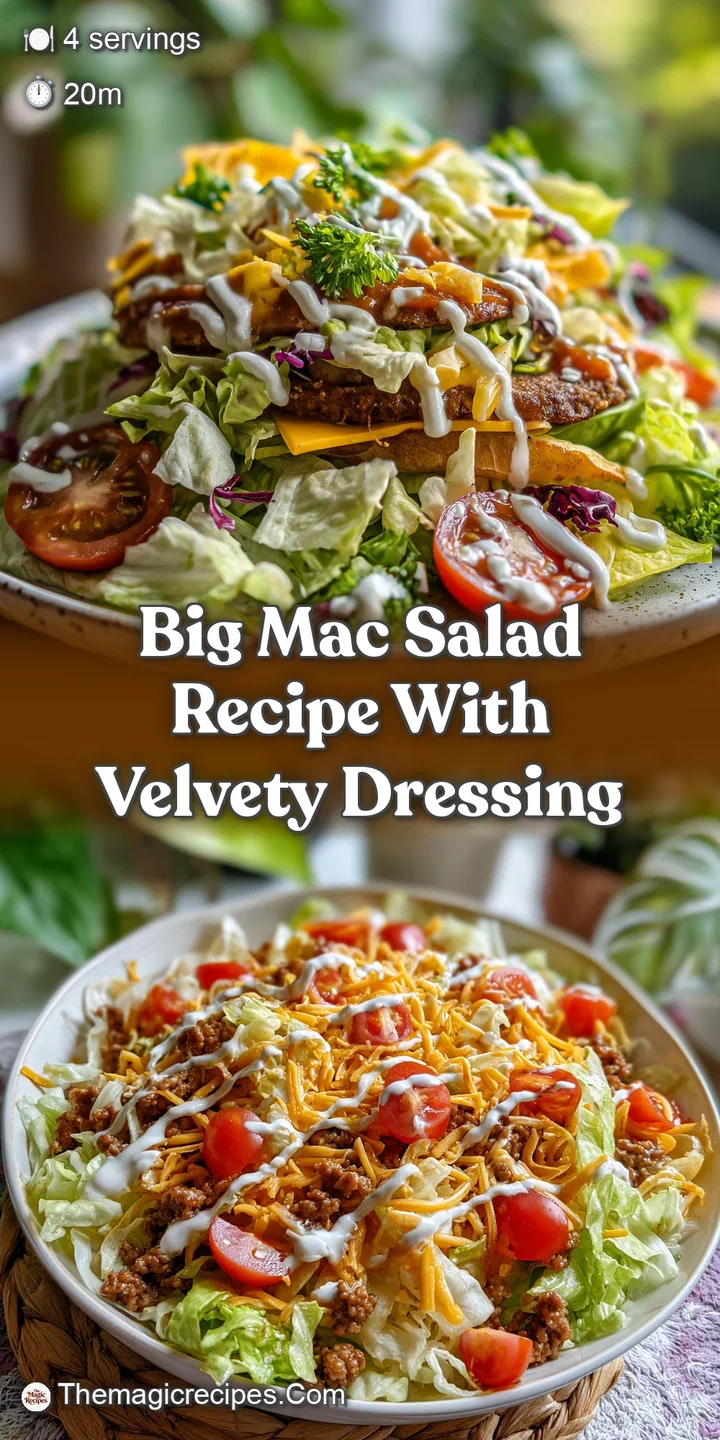 Close-up of Big Mac salad: juicy ground beef, crisp iceberg lettuce, and a glistening, creamy dressing with visible sesame...