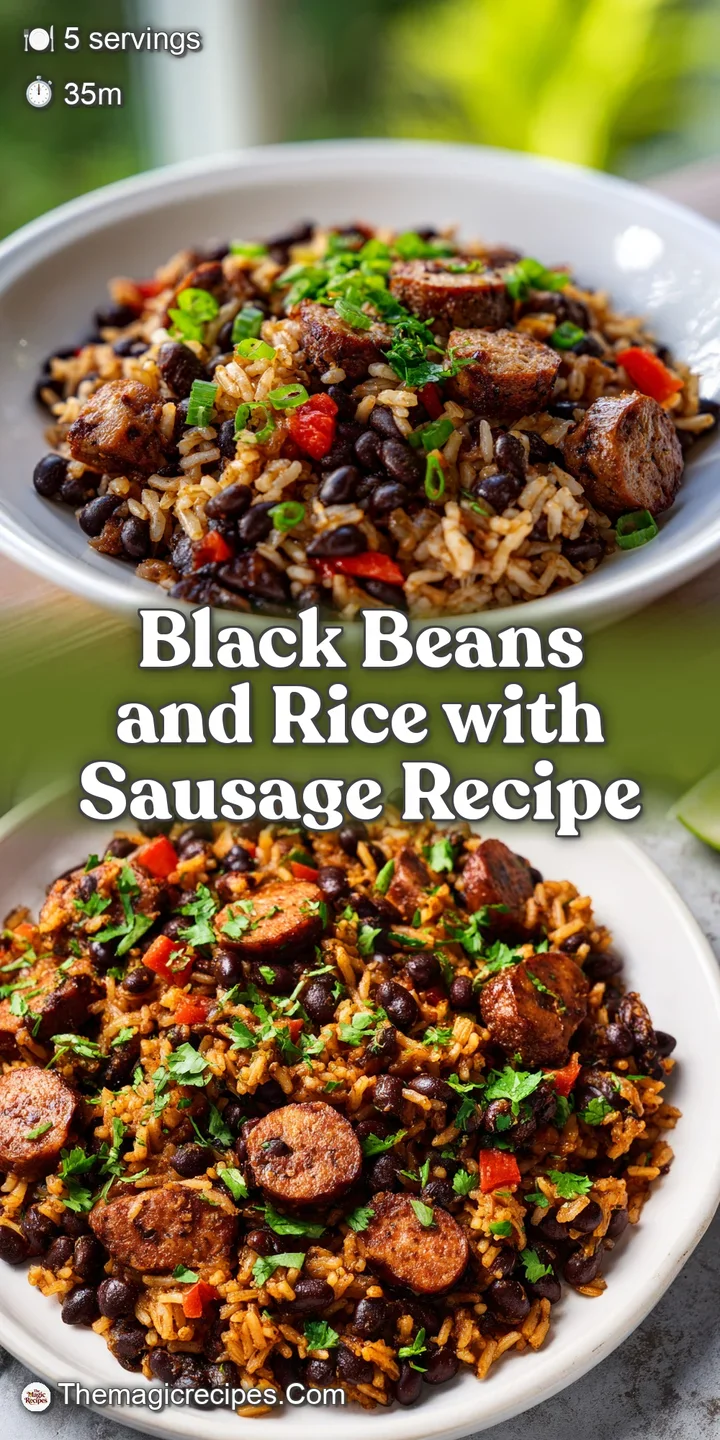 Close-up of glossy black beans nestled in fluffy rice, punctuated with bright peppers and savory sausage, inviting a flavo...