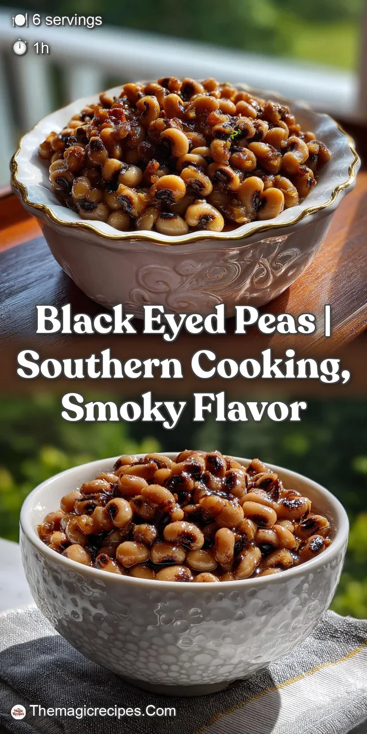 Close-up of tender black-eyed peas in rich, dark broth. The dish's textures are visible: soft peas, glistening juices, and...