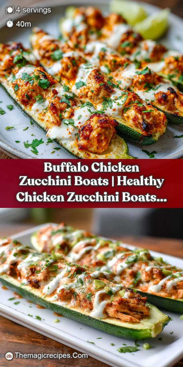 Close-up of tender zucchini boat overflowing with shredded chicken and vibrant orange buffalo sauce, melted cheese bubbly.