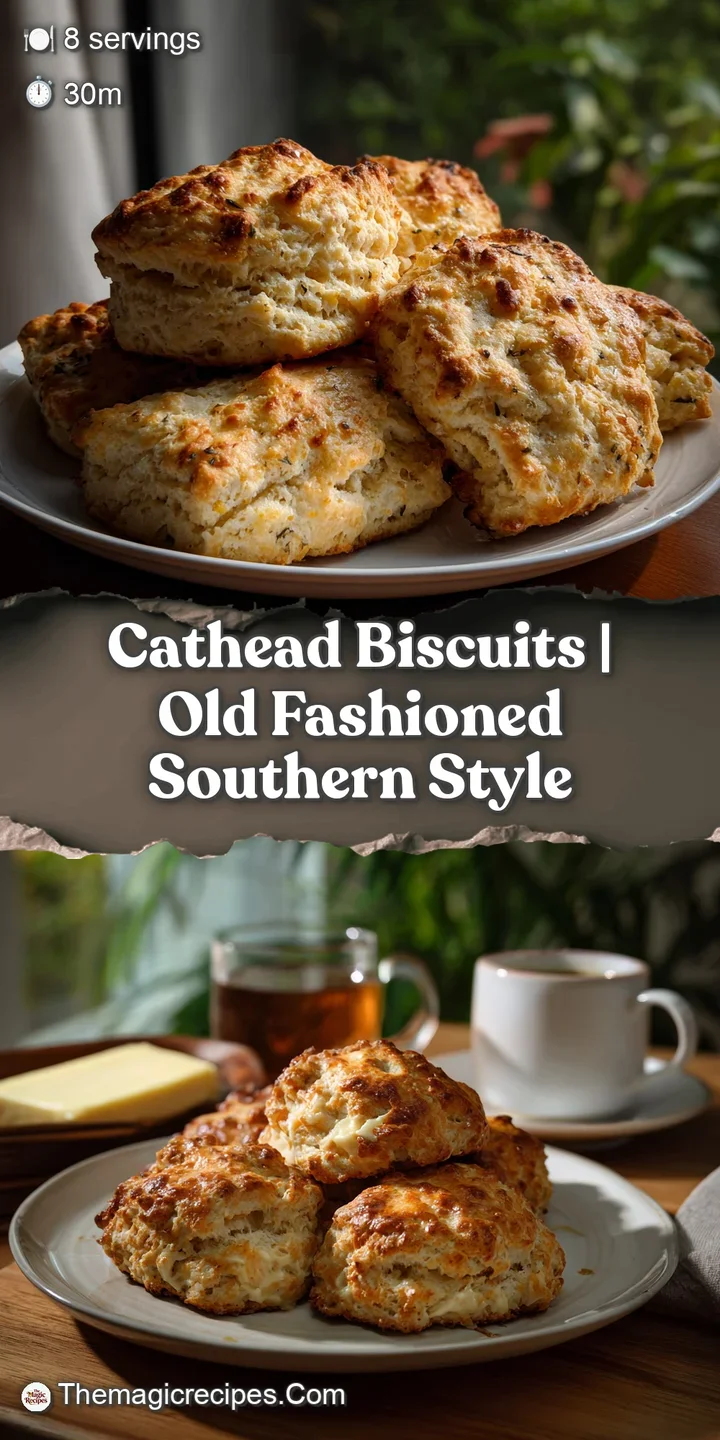 Close-up of a warm cathead biscuit, steam rising, revealing a soft, airy interior with visible butter pockets and golden c...