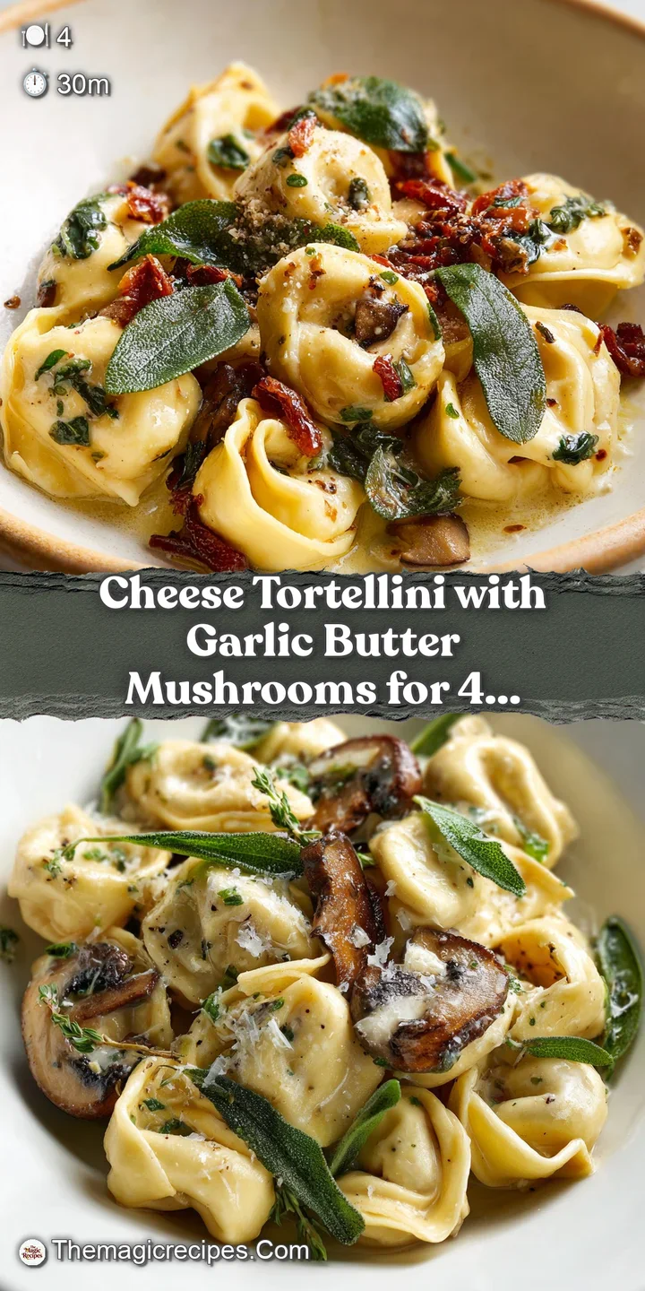 Close-up of plump cheese tortellini nestled among tender, browned mushrooms, coated in a shimmering, savory garlic butter ...