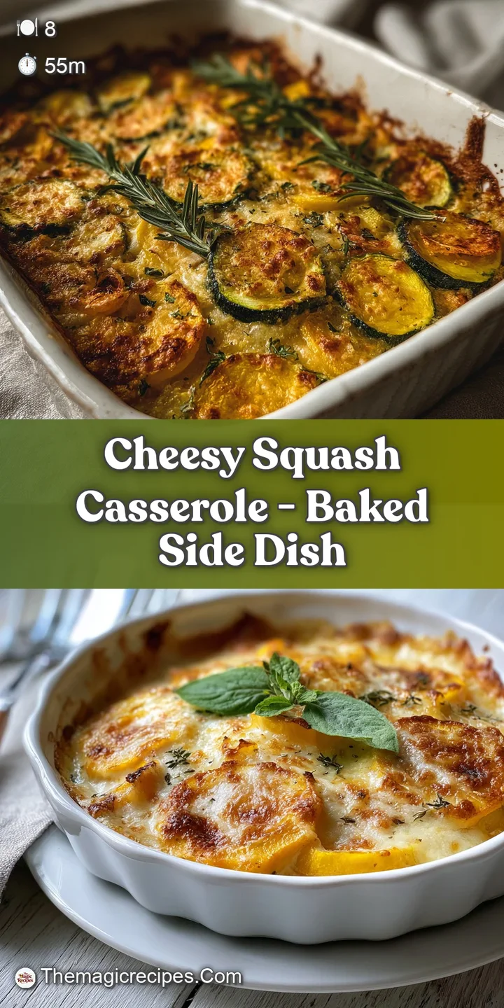 Close-up captures the golden-brown, slightly crispy cheese topping the creamy squash casserole, hinting at rich and savory...