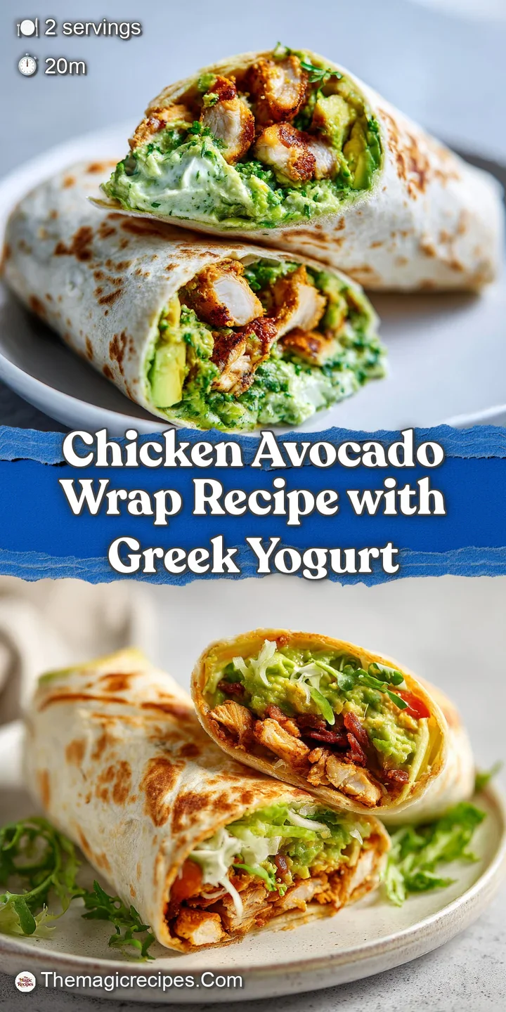 Close-up of a chicken wrap: creamy avocado, juicy chicken, and a tangy yogurt sauce, all wrapped in a toasted tortilla.