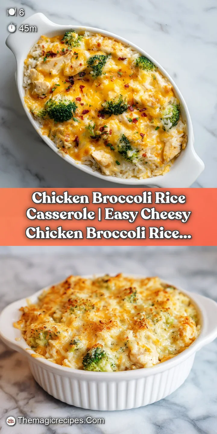 Close-up of bubbly, creamy rice casserole with visible chunks of chicken and vibrant green broccoli.