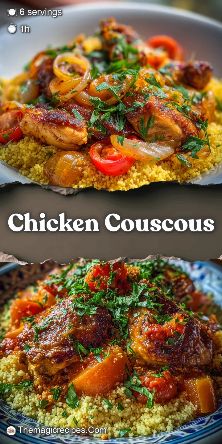Close-up reveals the fluffy couscous and perfectly baked chicken, glistening with savory juices and flecks of spices.