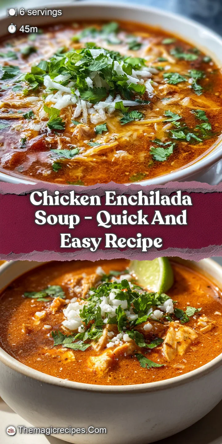 Close-up of Chicken Enchilada Soup highlighting tender chicken, melted cheese, and a spoonful of creamy texture, promising...