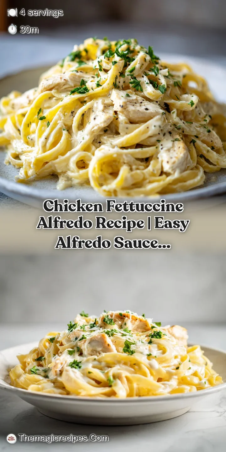 Close-up of chicken fettuccine alfredo, showcasing the creamy texture and perfectly cooked chicken. Sprinkled with black p...