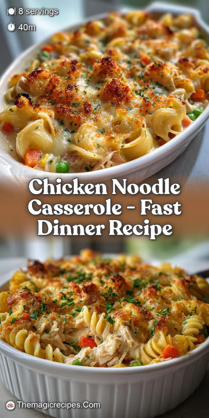 Close-up of creamy noodle casserole, with golden crust, juicy chicken, and tender veggies, hinting at a warm and savory fl...