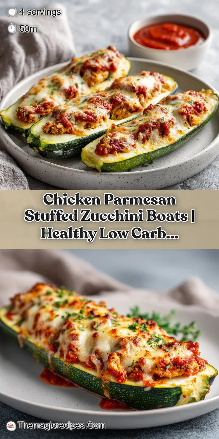 Close-up of a steaming, golden-brown chicken cutlet topped with melted mozzarella, nestled in a bright green zucchini boat.