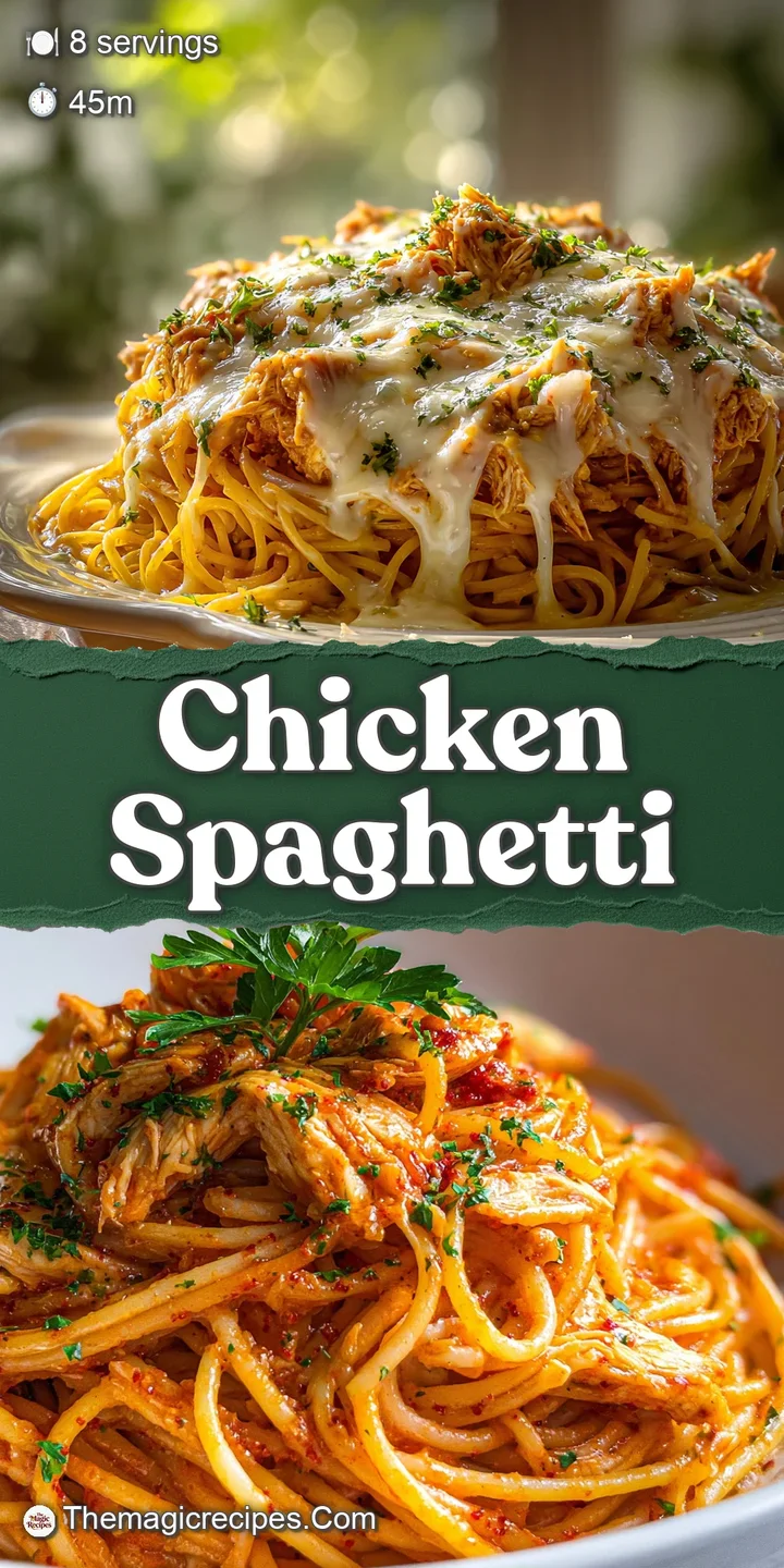 Close-up reveals tender chicken & noodles coated in a rich, creamy sauce. Melted cheese glistens under the soft light; sat...