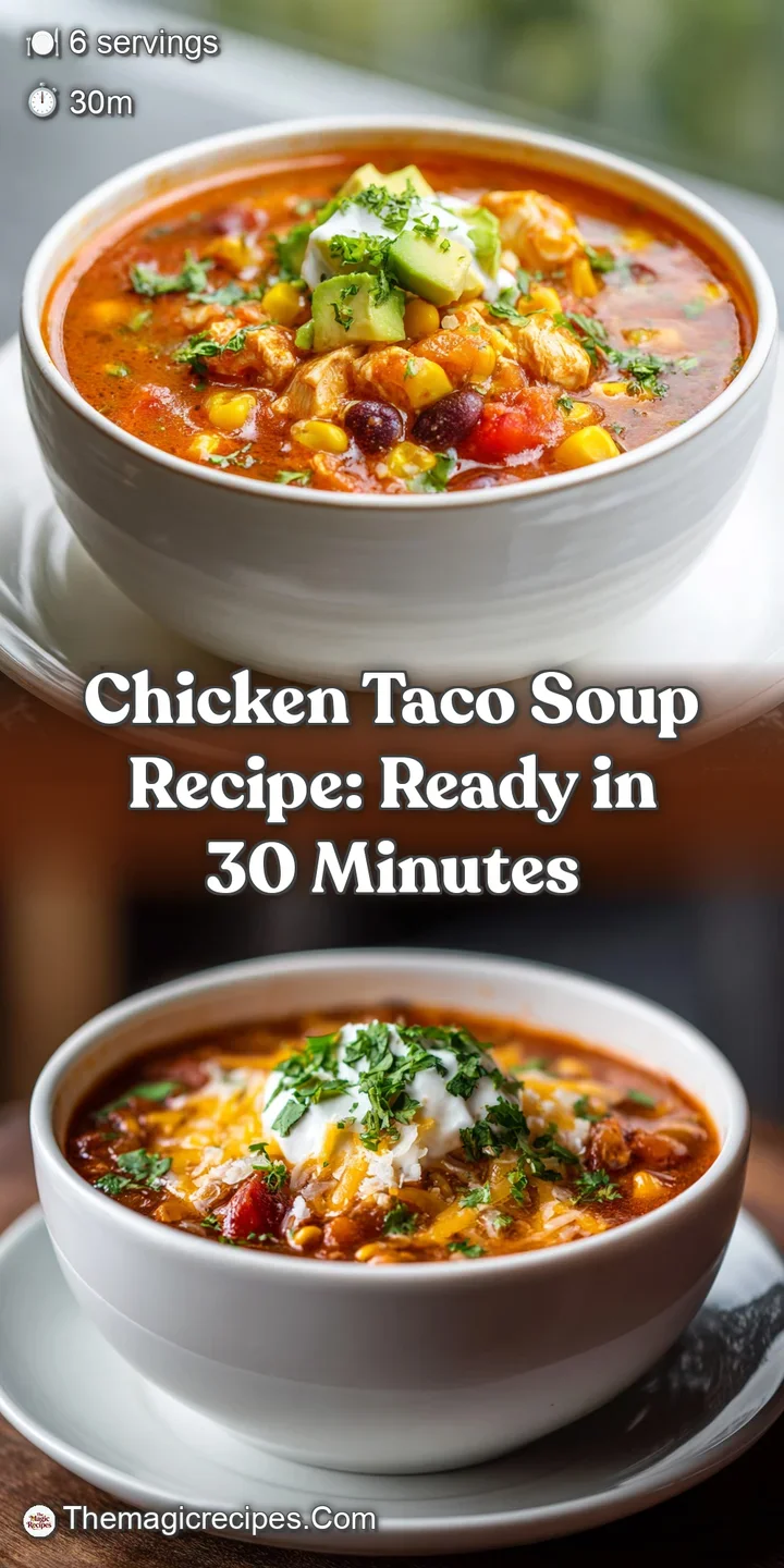 Close-up of hearty chicken taco soup. Visible steam rises from the broth, highlighting the textures of toppings like chees...