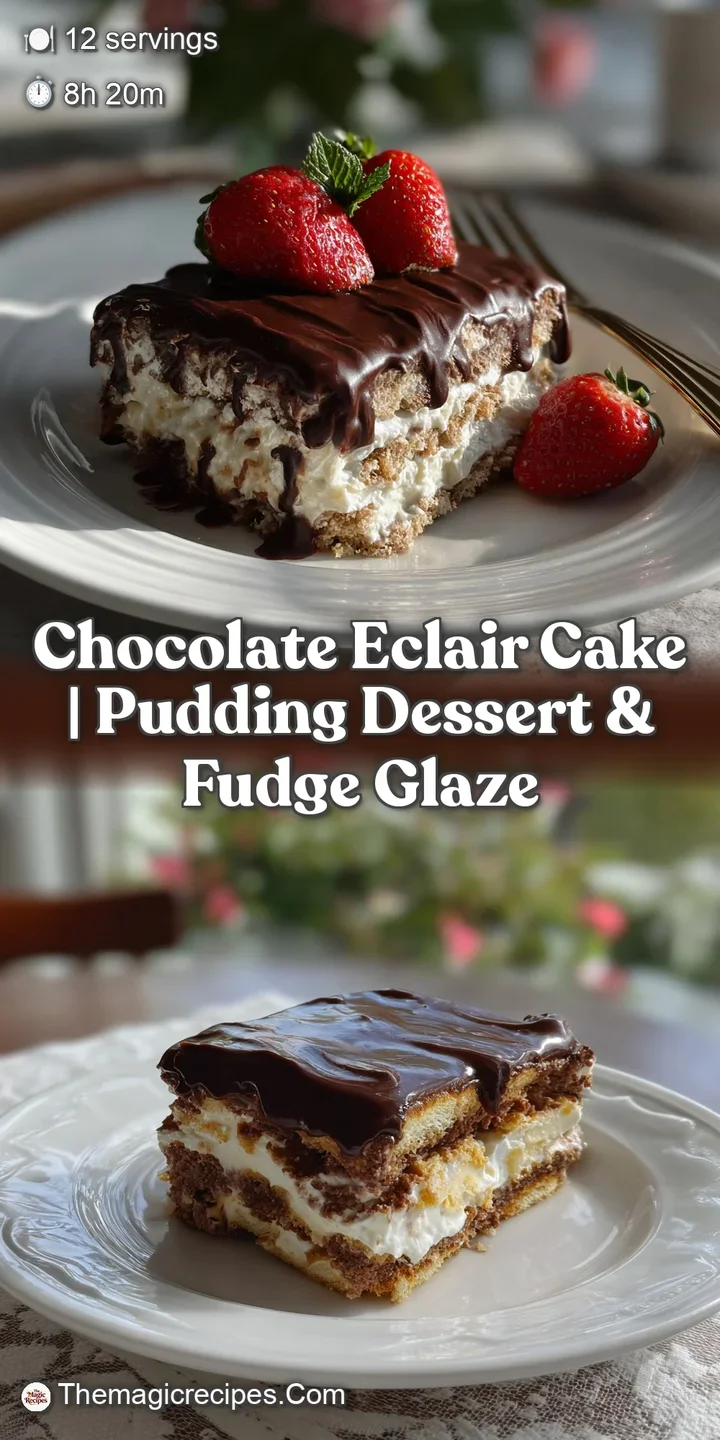 Close-up of a chocolate eclair cake slice revealing a velvety custard filling, decadent chocolate glaze, and fluffy cake l...