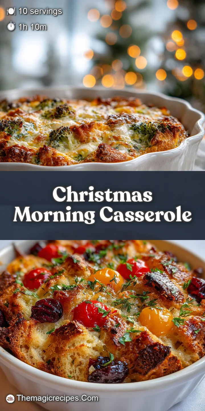 Close-up of a warm, cheesy breakfast casserole revealing moist bread, savory sausage, and melted cheddar with herbs, invit...