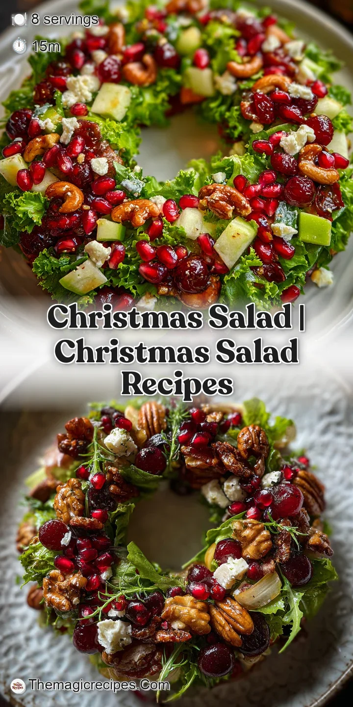 Close-up of a Christmas salad showcasing juicy pomegranate seeds, crisp greens, and rich cheese; a vibrant, flavorful holi...