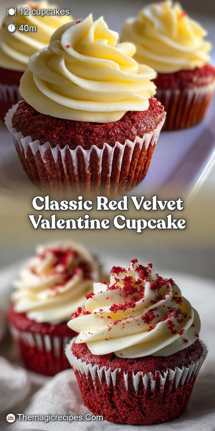 Close-up reveals the moist crumb of a red velvet cupcake, topped with rich cream cheese frosting and a dusting of crimson ...