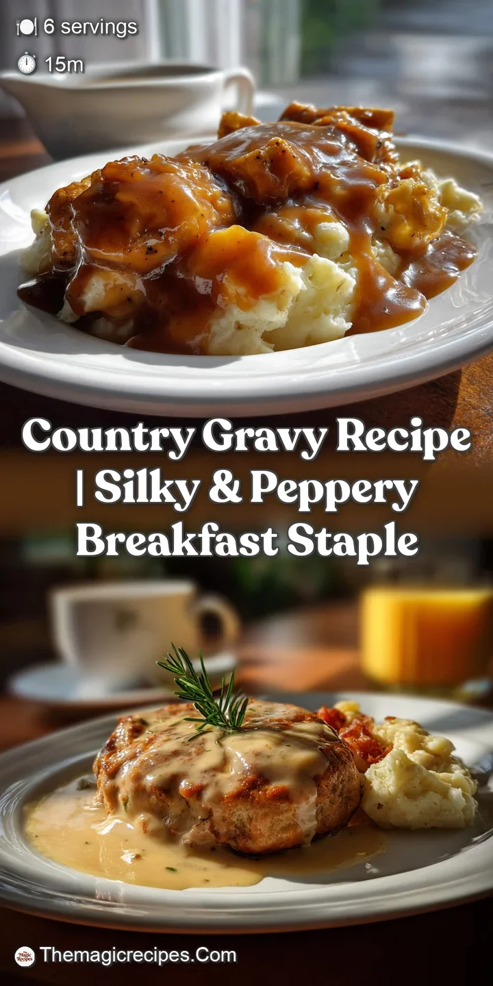 A close-up of thick, velvety gravy with flecks of pepper, clinging to a freshly baked biscuit, evoking warmth and comfort.