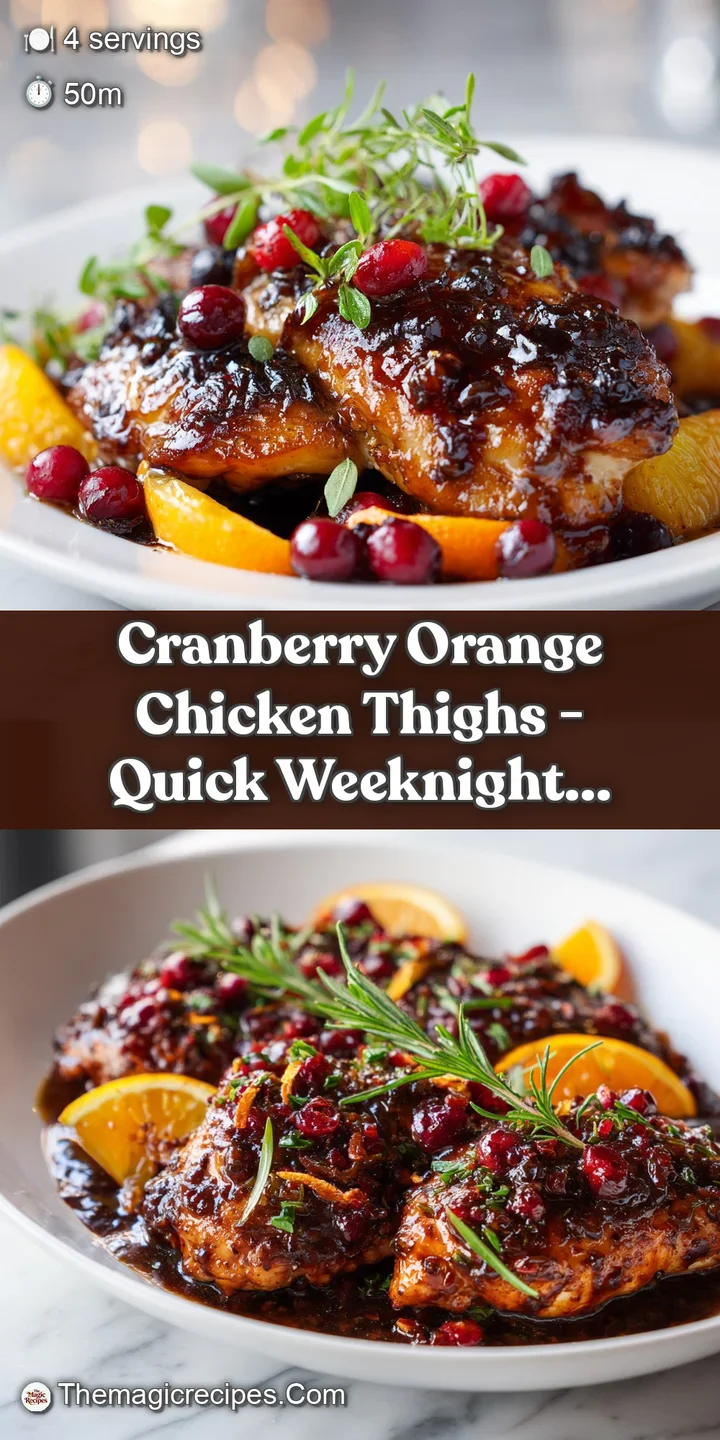 Close-up showcasing the crispy, caramelized chicken skin, dotted with sweet and tart cranberries and slivers of orange peel.