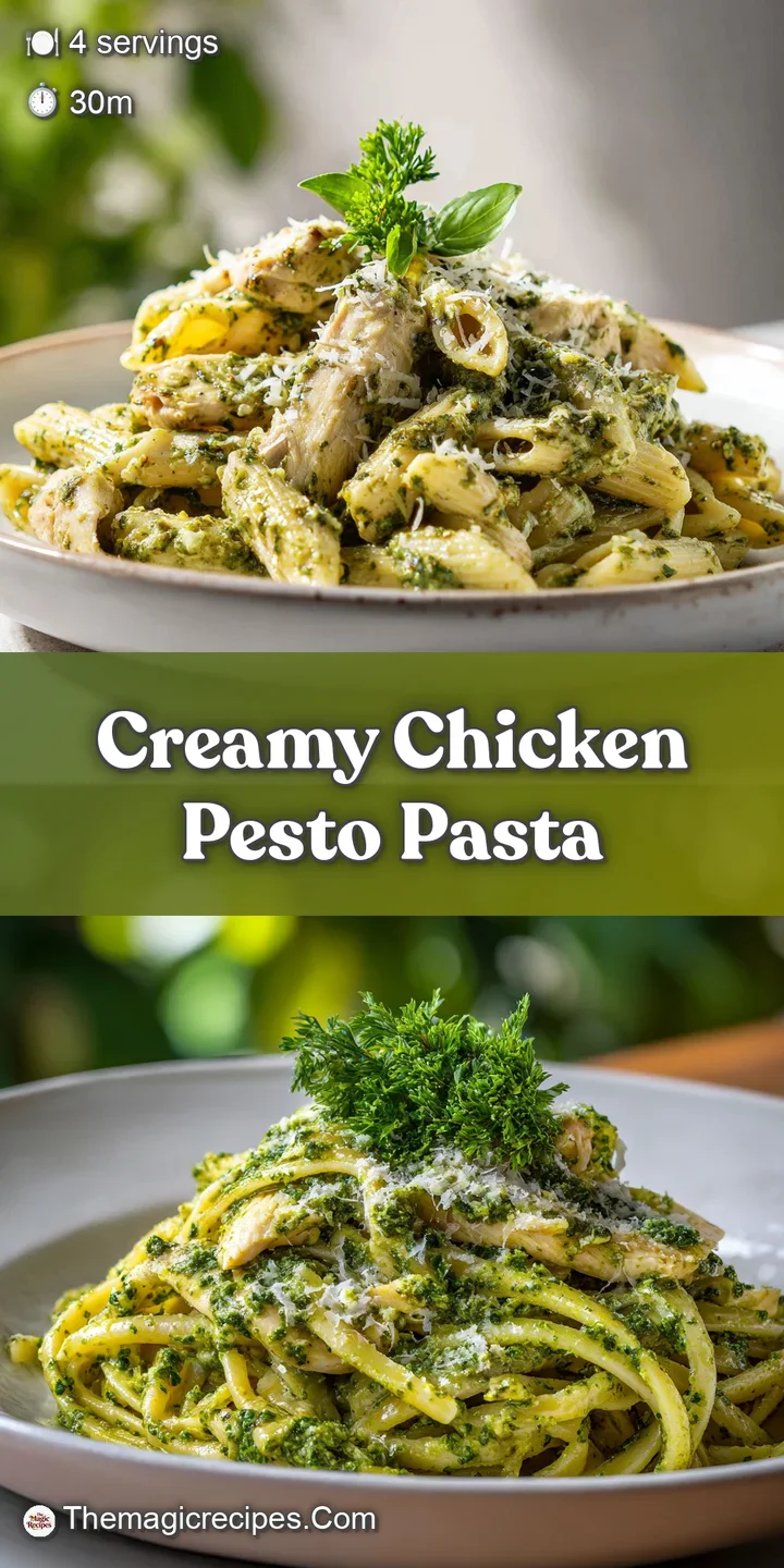 Close-up of creamy pesto chicken pasta. The glistening sauce and bright green pesto create a mouthwatering and appetizing ...