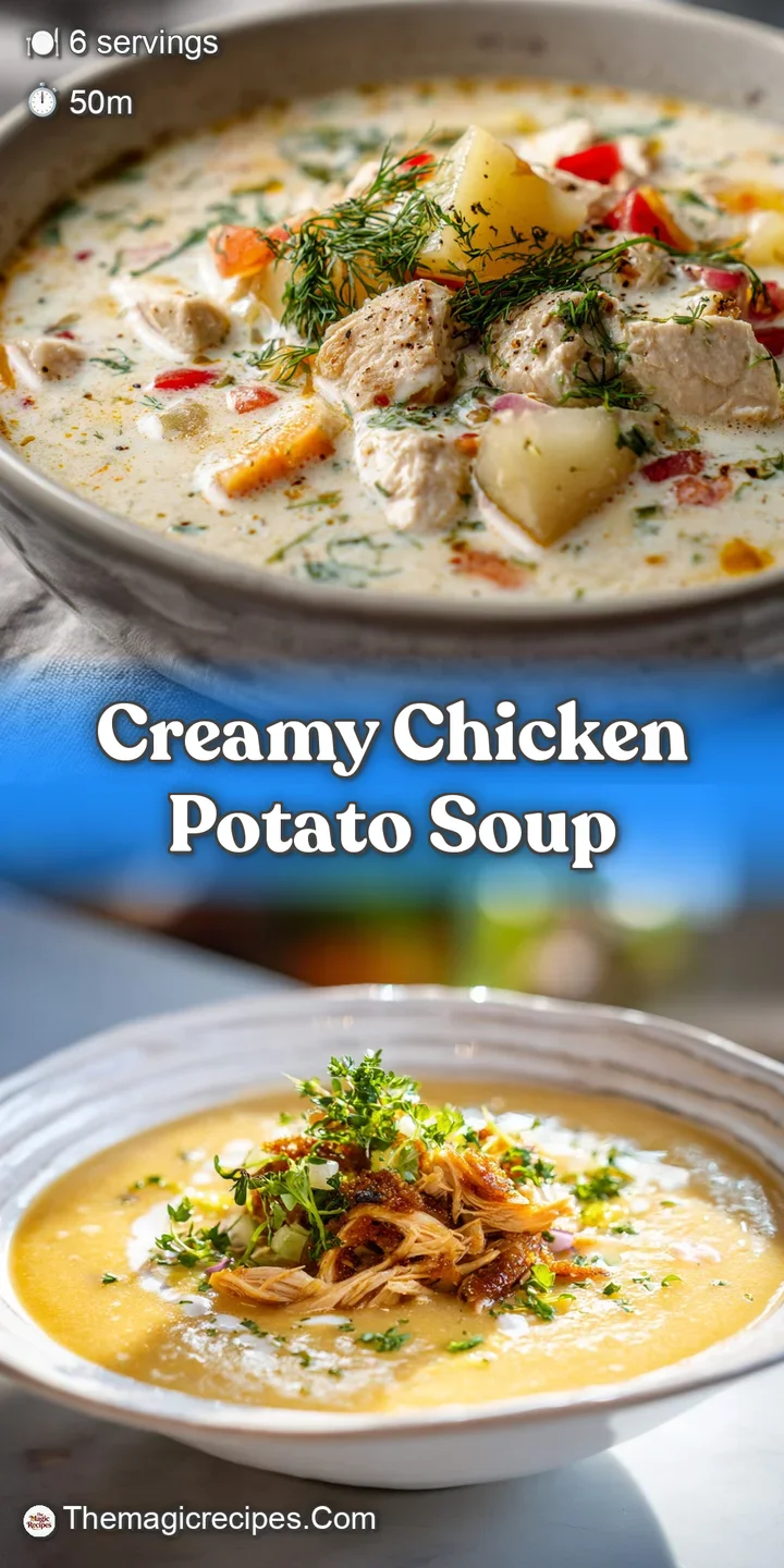 Close-up of creamy chicken potato soup; diced potatoes, shredded chicken, and herbs swim in a rich, velvety broth.