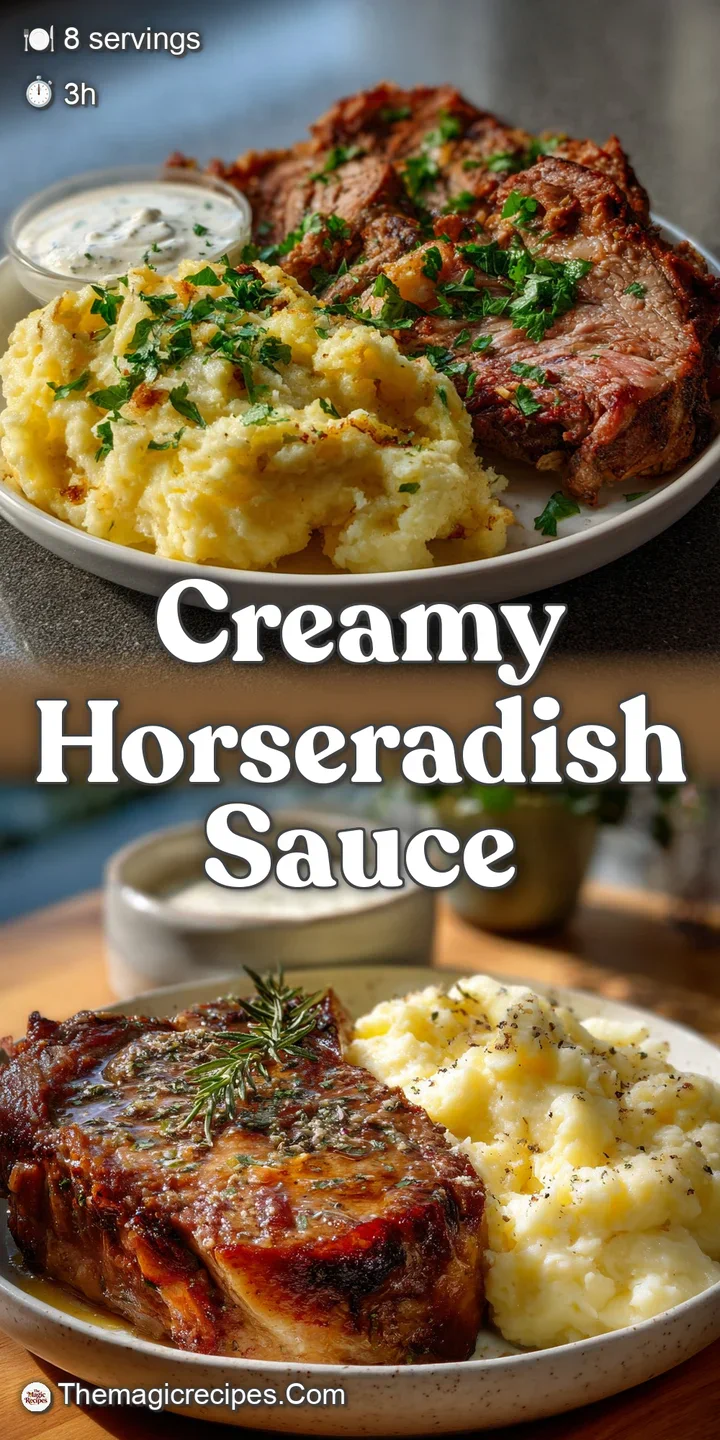 Close-up of a tender prime rib slice resting atop a bed of creamy, whipped garlic mashed potatoes. Hints of herb garnish.