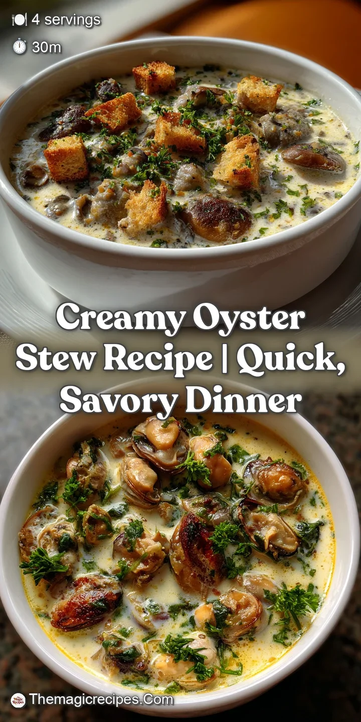 Close-up of a bubbling oyster stew, rich and creamy, with visible oysters. Flecks of bright green herbs on top create visu...