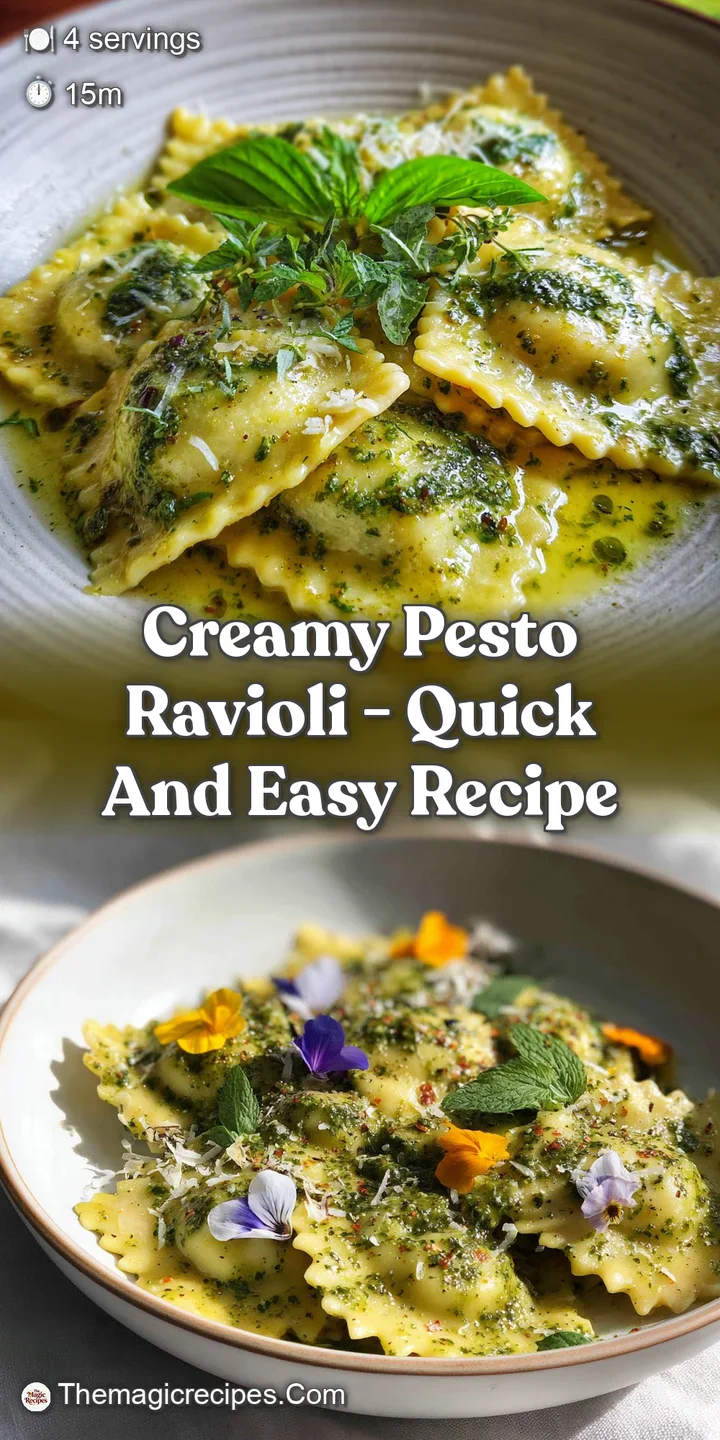 Close-up of pillowy ravioli shimmering with vibrant green pesto. Glistening olive oil and grated cheese create a tempting ...