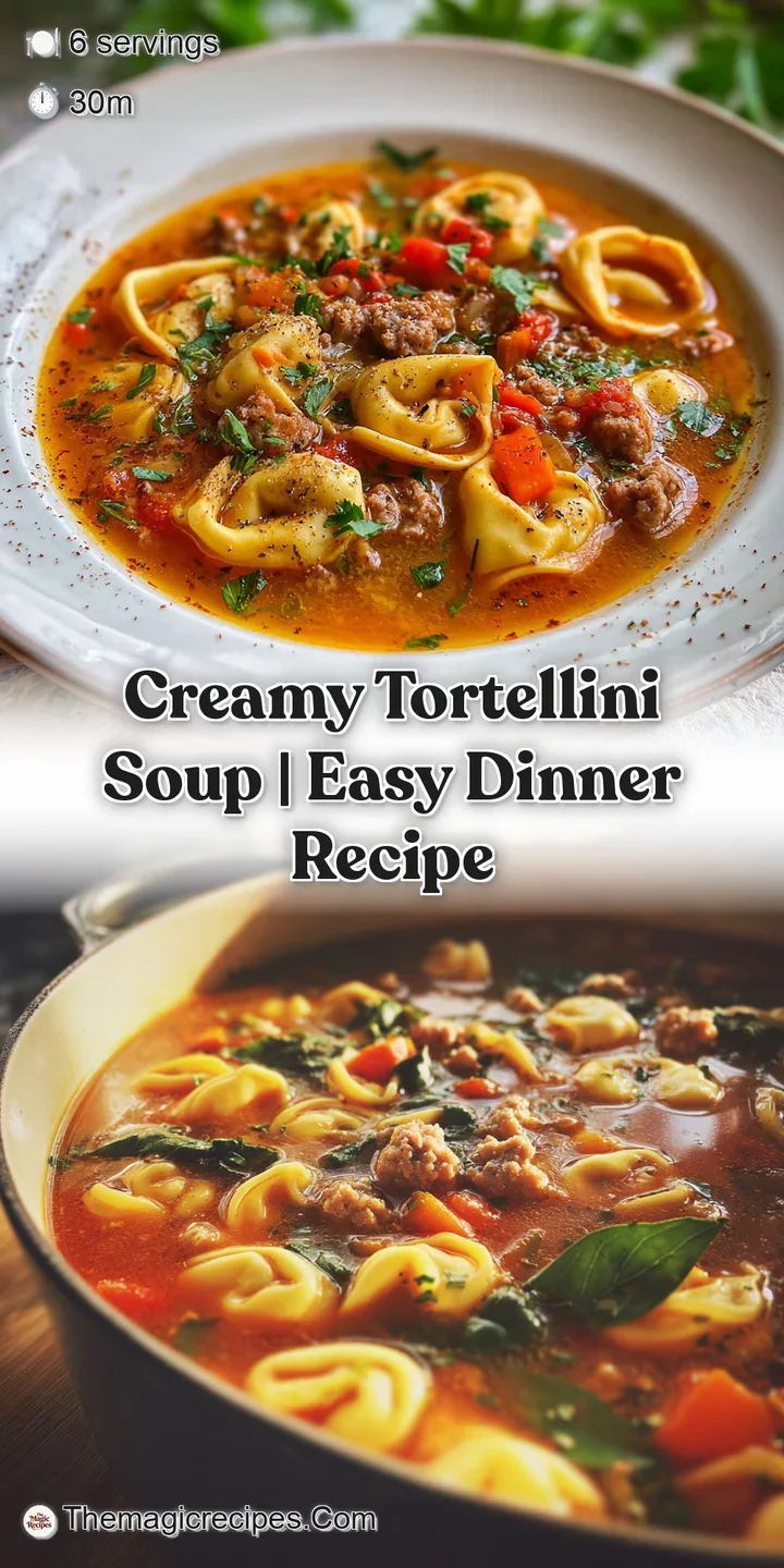 Close-up of plump, cheese-filled tortellini swimming in a luscious, creamy broth with flecks of vibrant green herbs and sp...
