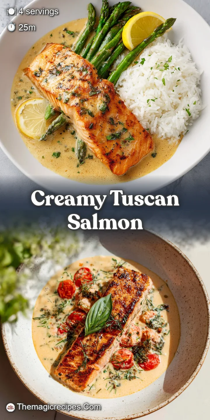 Close-up of glistening salmon in a velvety Parmesan sauce. Wrinkled sun-dried tomatoes and vibrant spinach peek through th...