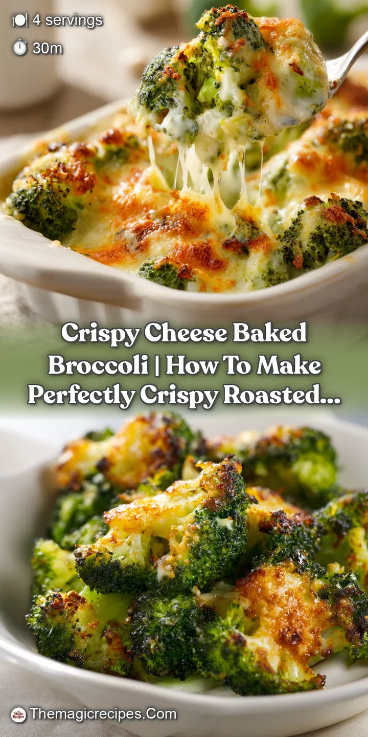 Close-up of a vibrant green broccoli floret coated in bubbling, golden melted cheese.