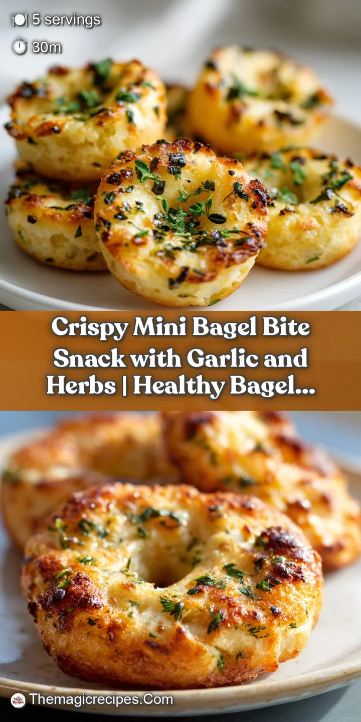 Close-up of a crunchy mini bagel bite with a generous coating of fragrant garlic and fresh, bright green herbs.