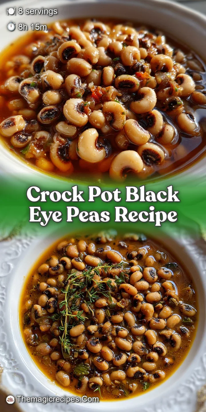 Close-up of glossy, plump black-eyed peas glistening with savory broth, mingled with tender strands of smoky ham hock.